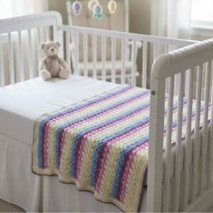 NWT Handmade Pastel Candy Stripe Crochet Baby Blanket